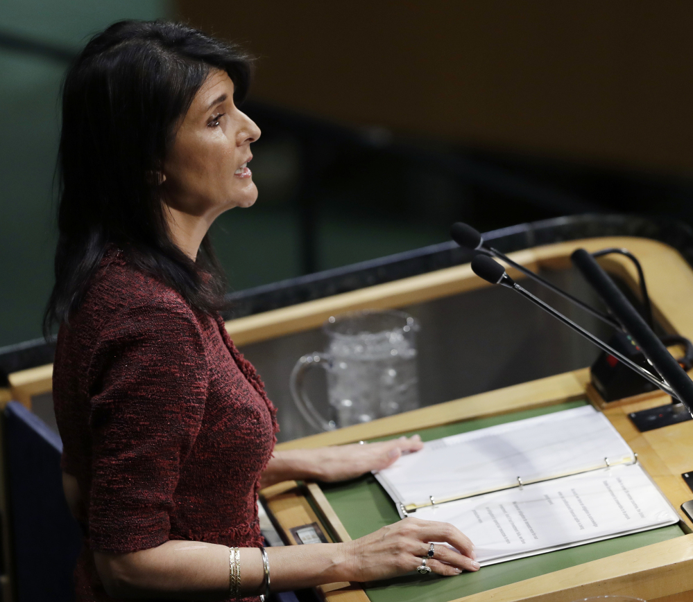 U.S. Ambassador to the United Nations Nikki Haley speaks before the U.N. General Assembly at United Nations headquarters Thursday.
Associated Press/Mark Lennihan