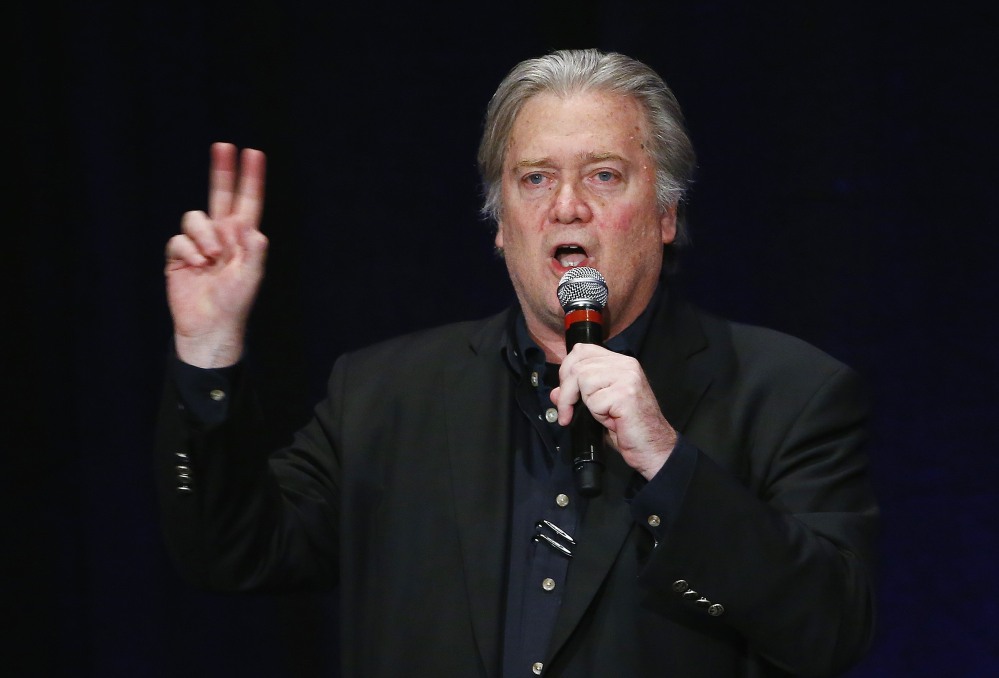 Steve Bannon, former strategist for President  Trump, speaks at a campaign rally for Arizona Senate candidate Kelli Ward in Scottsdale, Ariz. Ward is running against incumbent Republican Jeff Flake in next year's primary.