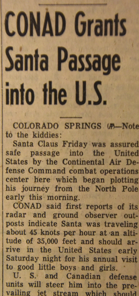 An Associated Press story from The Greeley Tribune in Greeley, Colo., from Dec. 23, 1955, describes the Continental Air Defense Command's Santa tracking the year it began.