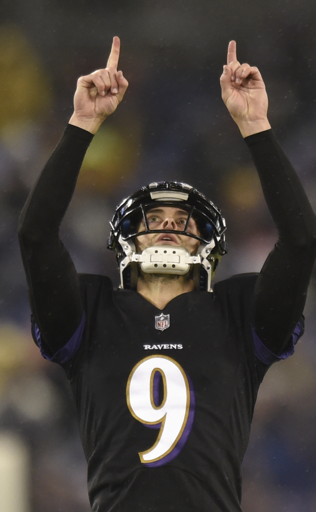 Baltimore kicker Justin Tucker reacts after kicking one of his three field goals in a 23-16 win over the Colts on Saturday.