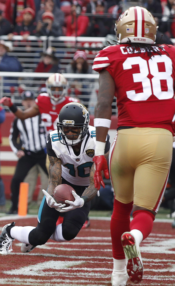 Jaelen Strong had a first-half touchdown reception for Jacksonville in the first half Sunday, then tore a knee ligament in the second half.