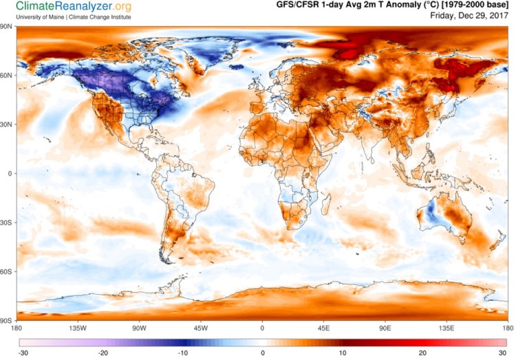 A map of global surface temperature anomalies (the differences between current temperatures and historical average temperatures) for Friday, Dec. 29, 2017. In spite of record-breaking cold in northern New England and the midwest, the globe as a whole remains warmer than the historical average temperature from the period between 1979 and 2000.