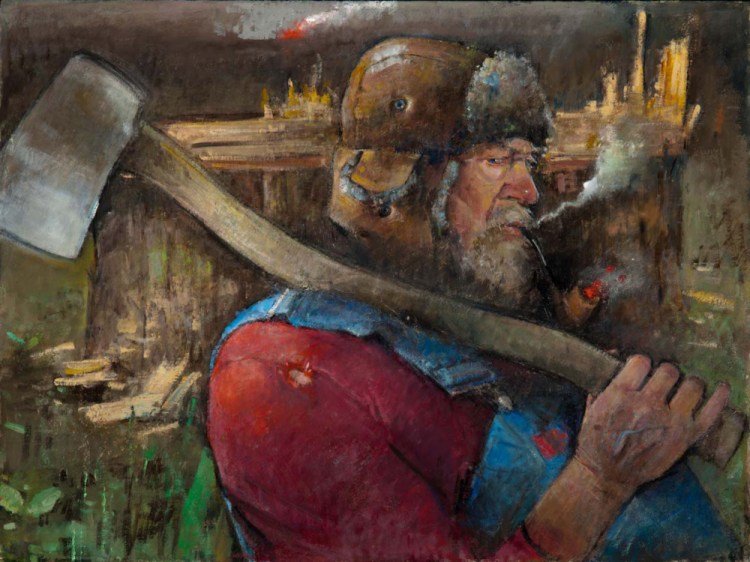 "The Axeman," by Nancy Morgan Barnes, oil on board, 18" x 32"