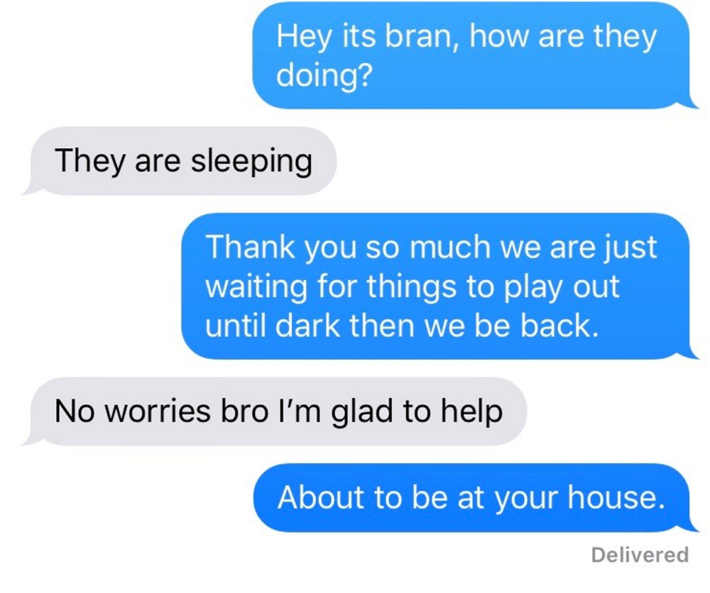 Text messages that Brandon Ross allegedly exchanged with a friend the day two dangerous dogs belonging to his girlfriend, Danielle Jones, were allegedly hidden away in secret.