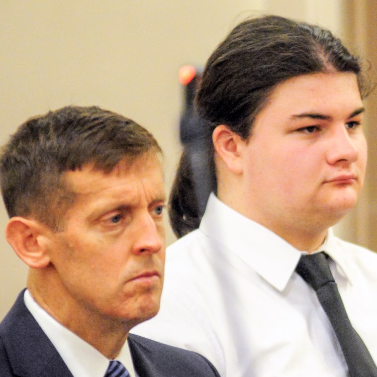 Attorney Walter McKee, left, next to his client, Andrew Balcer, 19, of Winthrop, during a hearing after he allegedly killed both of his parents in October 2016. A grand jury has now indicted Balcer on murder charges.