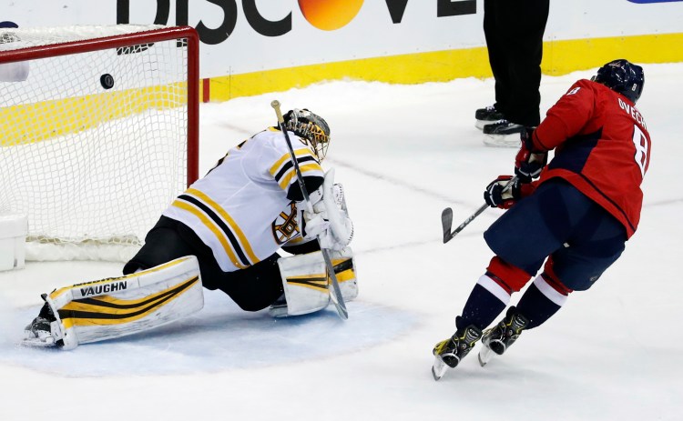 Alex Ovechkin of the Caps snaps a shot past Bruins goalie Anton Khudobin for the only goal of the shootout Thursday night in Washington.