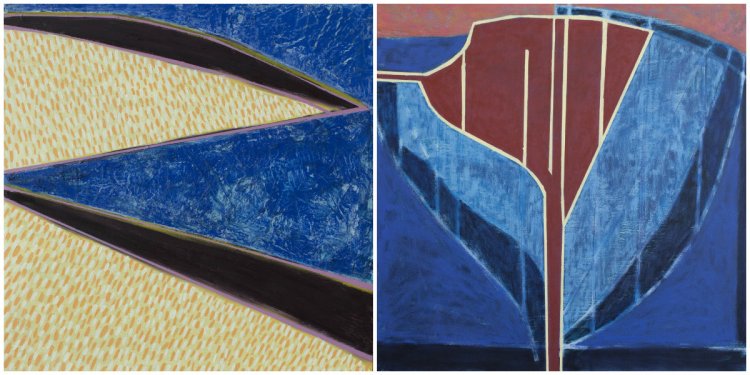 Left: "Island Geometry: Sand Beach No. 7," oil and encaustic on panel, 2017, 16 by 16 inches. Right: "Sea Geometry No. 210," acrylic and oil on canvas, 2017, 24 by 24 inches.