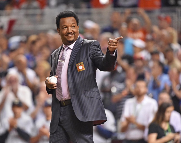 Pedro Martinez acknowledges cheering fans before the 2017 MLB All-Star Game at Marlins Park in Miami on July 11 of this year.