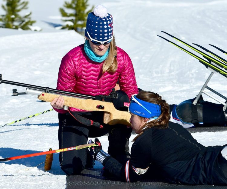 U.S. Paralympic Nordic Skiing head coach Eileen Carey, a Leeds native, works on marksmanship with Paralympian Oksana Masters during biathlon training in preparation of the 2018 Winter Paralympic Games in Pyeongchang, South Korea.