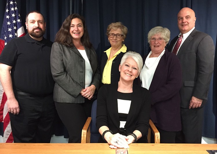 South Portland's leadership for 2018: Newly elected Mayor Linda Cohen, seated, with councilors Adrian Dowling, Kate Lewis, Maxine Beecher, Susan Henderson and Claude Morgan. Councilor Eben Rose was absent from inaugural ceremonies held Monday at City Hall for council and school board members. 