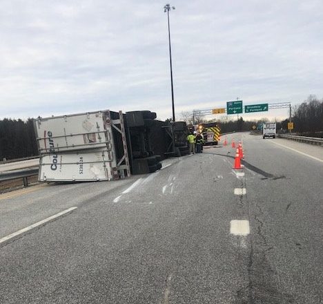 This tractor-trailer rollover led to the closure of the Scarborough Connector, which is Route 701, from Route 1 in Scarborough to Interstate 295 North in South Portland, on Friday.
