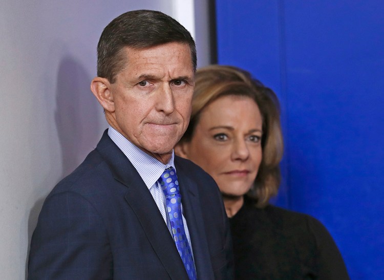Then-National Security Adviser Michael Flynn is joined by K.T. McFarland, his then-deputy, during the daily news briefing at the White House on Feb. 1, 2017. 