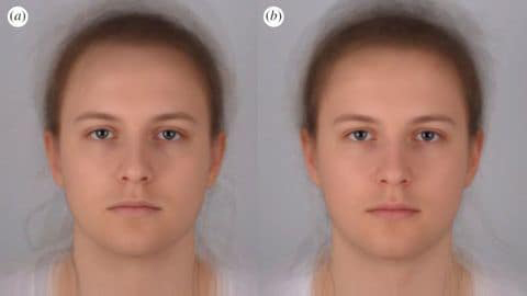 Scientists combined 16 photo portraits into one composite image. On the left, the composite "sick" face, and on the right, the composite healthy one.