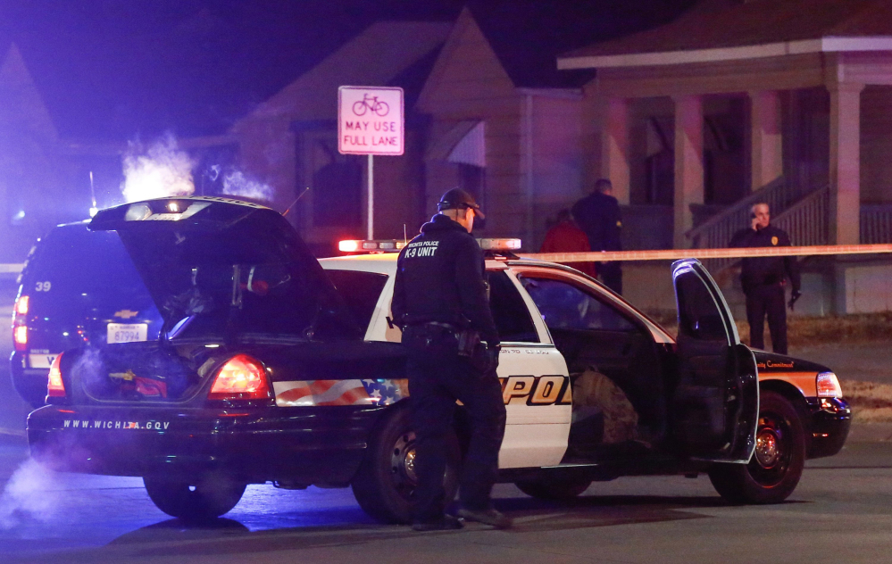 Police arrive at a "swatting" incident in  Wichita, Kan., Thursday night.