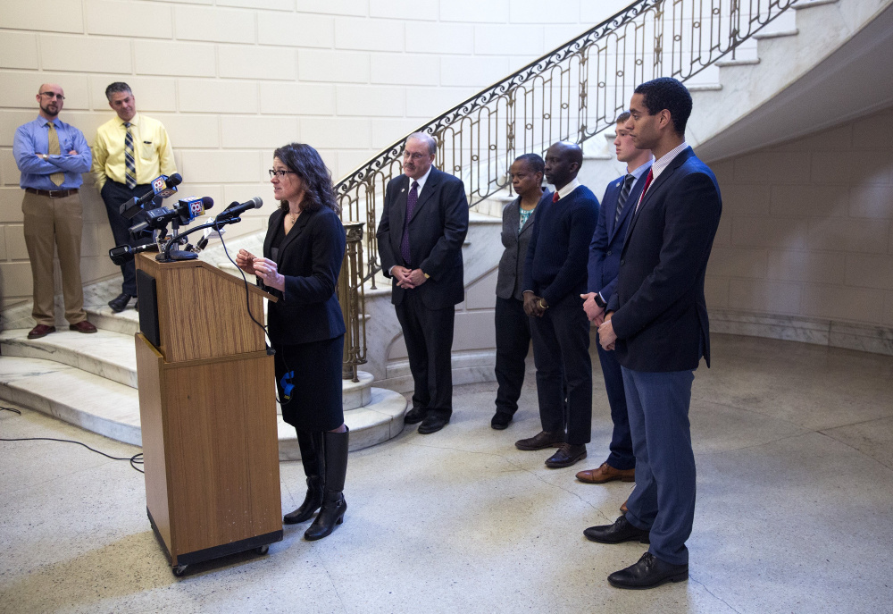 PORTLAND, ME - FEBRUARY 22: Portland City Councilor Belinda Ray spoke at a press conference at City Hall where Portland City Council discussed their support for body cameras for police officers and their trust in the Police Chief. (
