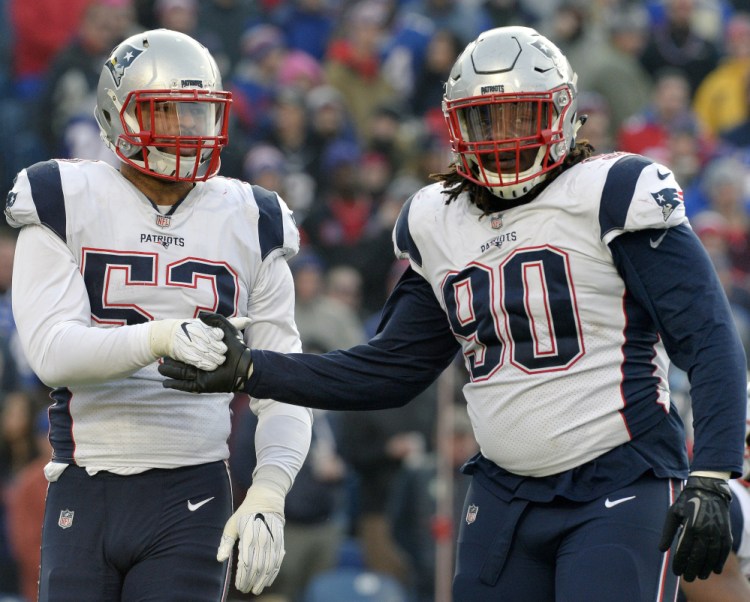 Linebacker Kyle Van Noy, left, and lineman Malcom Brown are among the defenders who will be counted on as the New England Patriots begin their playoff push to the Super Bowl.