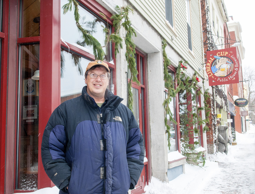 Restaurateur Geoff Houghton outside his first brew pub, The Liberal Cup in Hallowell, on Friday. Houghton says he's concerned the upcoming Water Street construction project will result in significant sales losses that could hamper his "being able to keep my staff intact."