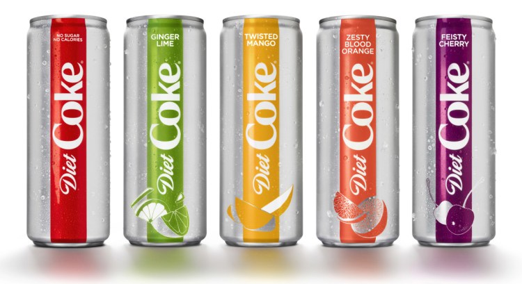 In Diet Coke's rebranding, the plain version, at left, will be joined by month's end by four other flavors in slimmer cans. From left are lime, mango, blood orange and cherry.
Diet Coke This photo provided by The Coca-Cola Co. shows examples of Diet Coke's rebranding effort. The Coca-Cola Co. says it is adding a slimmer 12-ounce Diet Coke can, refreshing the logo and offering the 35-year-old drink in four new flavors, including mango and ginger lime. The company said Diet Coke's new look and flavors were aimed to appeal to millennials. (Courtesy of The Coca-Cola Co. via AP)