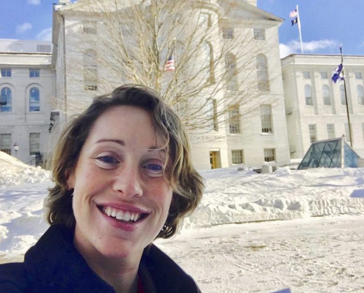 Kylie Bragdon is shown outside the State House in Augusta this month after she filed her Clean Election candidacy paperwork. She also met with some of the women with whom she completed the Emerge Maine leadership bootcamp.