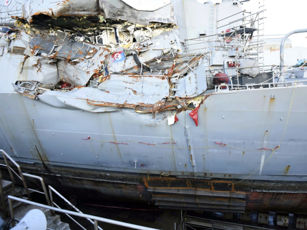 The USS Fitzgerald sits in dry dock in Yokosuka, Japan, in July 2017 to continue repairs and assess damage sustained in a June 17 collision with a cargo ship in the waters off Japan.