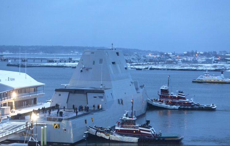 The future USS Michael Monsoor docks in Portland Harbor in January.