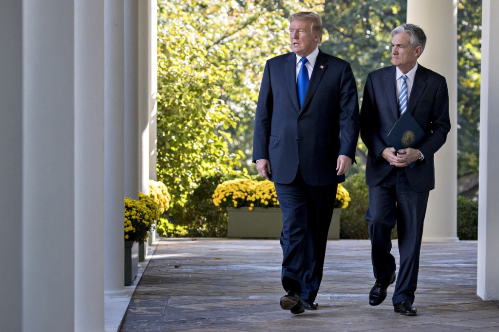 President Trump and Jerome Powell walk out to an announcement of his nomination for Federal Reserve chairman Nov. 2 in the Rose Garden of the White House.
