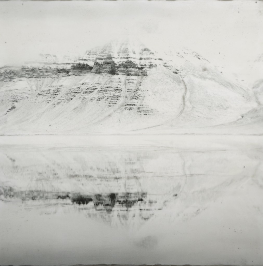 "Coraholmen, Reflected #2," encaustic, photograph with beeswax, oil paint, metal dust, silver leaf, coal dust, 36 by 36 inches.