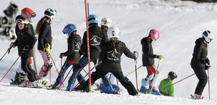 Skiers learn the slope Sunday before the Marlee Johnston Memorial Race to Remember at Kents Hill School in Readfield. The annual event is a fundraiser for the Joanne and Dick O'Connor Alpine Training Center in memory of Marlee Johnston.