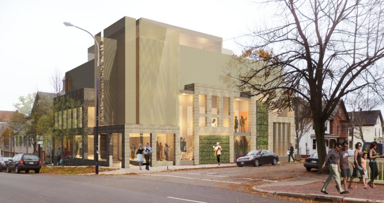 The original design of the proposed performance hall was not well-received by residents. This is the updated design for the project at the corner of Congress and Munjoy streets.
