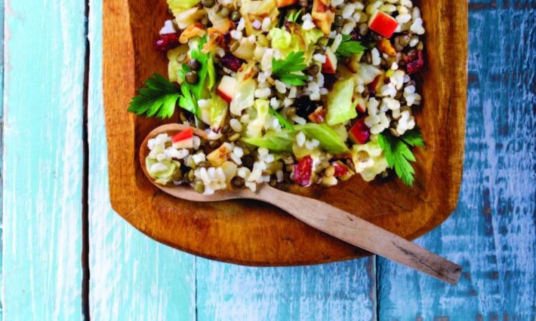 Don't skip the lime wedges when preparing warm brown rice, lentil, cabbage and apple slaw.