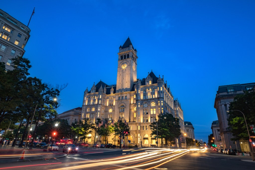 Dusk outside the Trump International Hotel in Washington on July 15. MUST CREDIT: Photo by Evelyn Hockstein for The Washington Post.