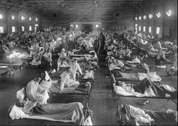 Influenza victims crowd an emergency hospital near Fort Riley, Kan., in 1918. The 1918 Spanish flu pandemic killed at least 50 million people worldwide and officials say that if the next pandemic resemblers it, 1.9 million Americans could die.