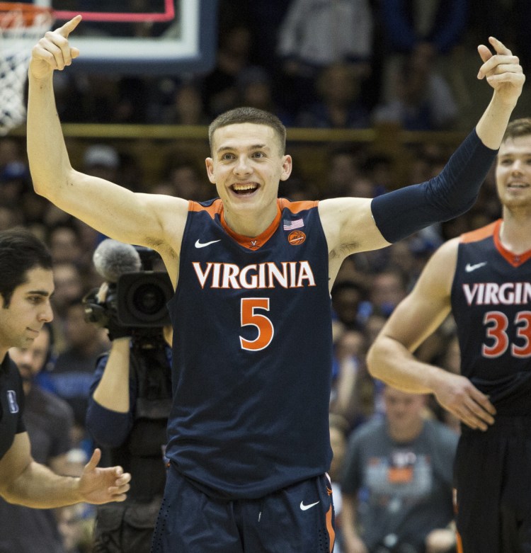 Virginia's Kyle Guy reacts after the second-ranked Cavaliers beat No. 4 Duke on Saturday, 65-63, in Durham, N.C. Guy hit two free throws with 6.1 seconds left and finished with 17 points as Virginia won its 12th straight game and improved to 20-1.