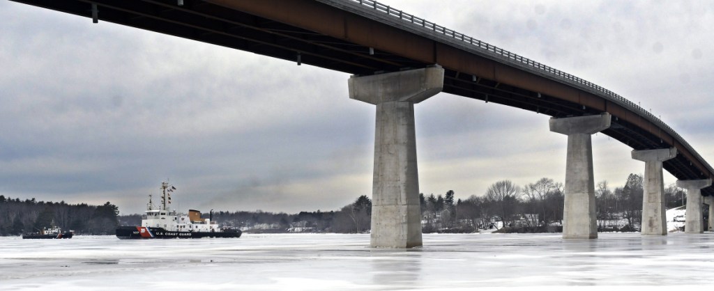 The Coast Guard's icebreaker Penobscot Bay met challenging ice conditions when it arrived Sunday at the bridge spanning the Kennebec River between Richmond and Dresden.