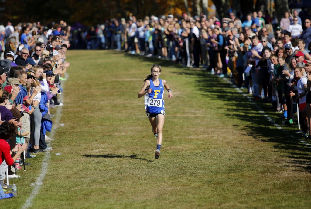 Falmouth freshman Sofie Matson was all alone at the finish line of the Class A state championship at Twin Brook this fall. She joins 2008-2012 winner Abbey Leonardi of Kennebunk High as the only freshmen named Gatorade Cross Country Runner of the Year in Maine.  (Photo by Derek Davis/Staff photographer)