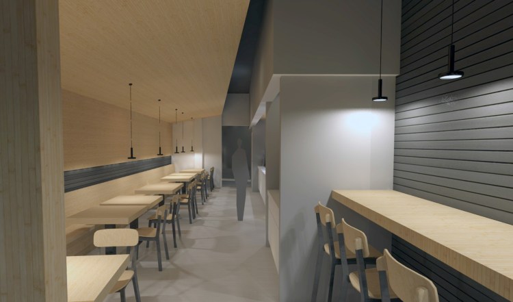 The interior of the Poke Pop restaurant will  include bamboo tables, counters and wall and ceiling elements, a porcelain tile floor and pendant lights, according to the architect's website.
