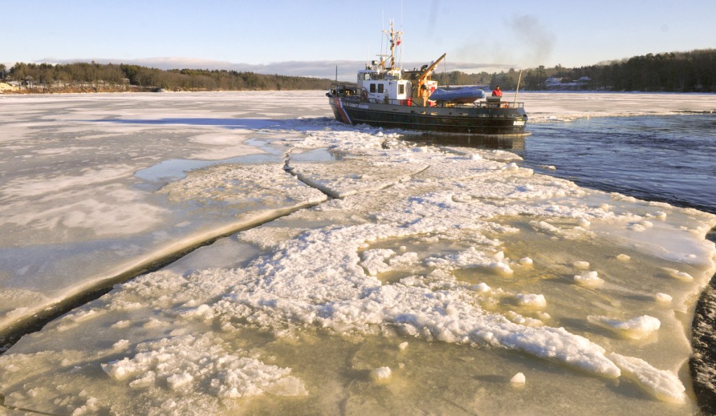 The USCGC Bridle breaks ice Wednesday on the Kennebec River just south of Chop Point in Woolwich.