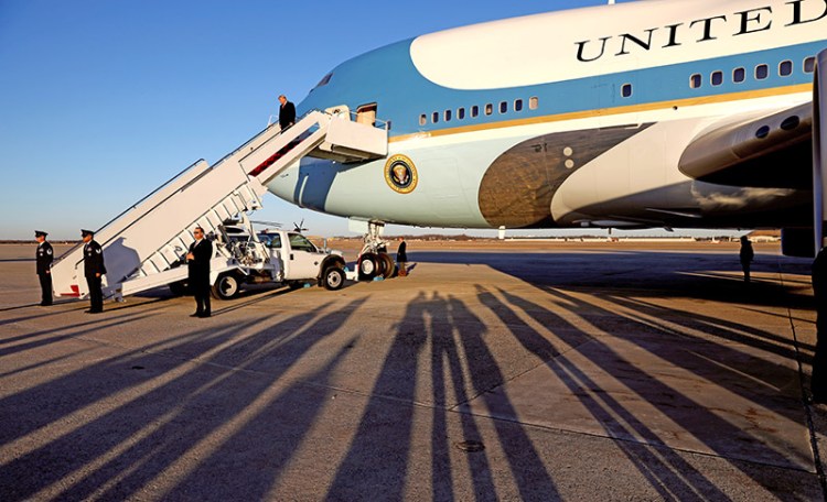 President  Trump descends the steps of Air Force One in late afternoon shadows upon his return to Joint Base Andrews in Maryland on  Jan. 18, 2018. 