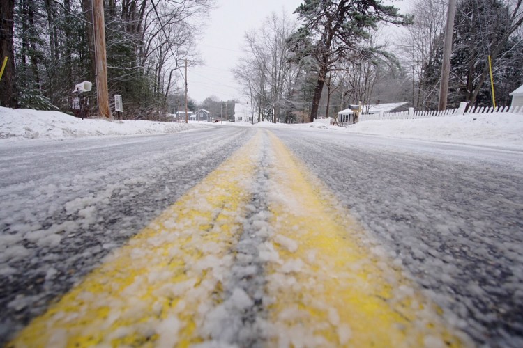 Freezing rain overnight created icy roads, such as Brown Street in Kennebunk, making for a slow morning commute Tuesday.