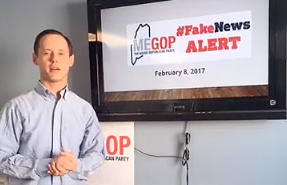 Maine Republican Party Executive Director Jason Savage delivering a "Fake News Alert"  in 2017 discussing a story his party thought failed to meet the standards of good journalism. 