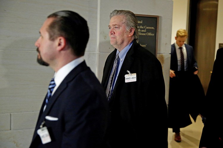 Former White House chief strategist Steve Bannon arrives on Capitol Hill Tuesday for an interview by the House Intelligence Committee investigating alleged Russian interference in the 2016 U.S. election.  
