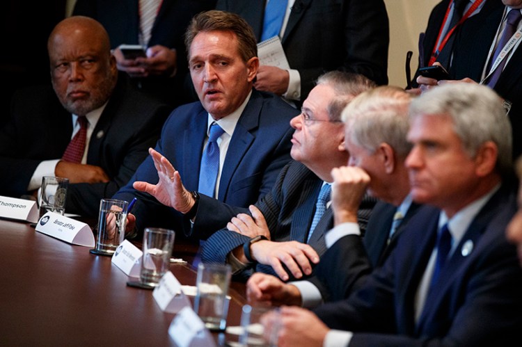 Sen. Jeff Flake, R-Ariz., speaks during a meeting with President Donald Trump and lawmakers on immigration policy at the White House on Tuesday.
