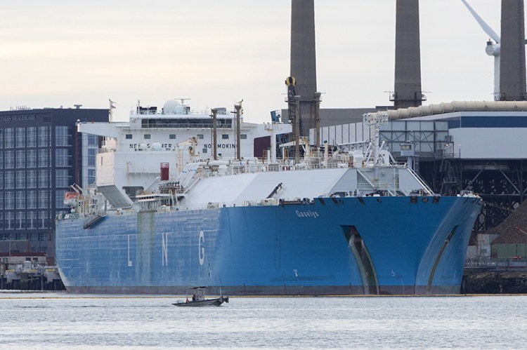 The Gaselys liquefied natural gas (LNG) tanker sits at the Engie SA Everett import terminal in Boston on Sunday. 