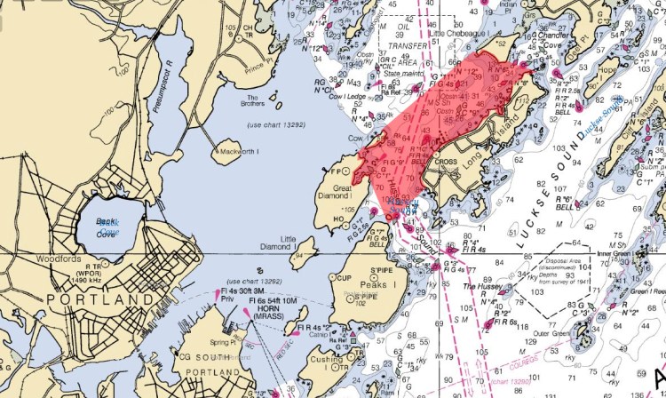 The Maine Department of Marine Resources has closed the area shaded in red to scallop fishing to conserve the population. 