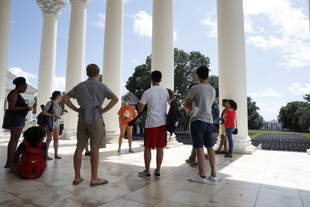 First-year students tour the University of Virginia in Charlottesville, Virginia, in August 2017, a week after a white nationalist rally took place on campus.