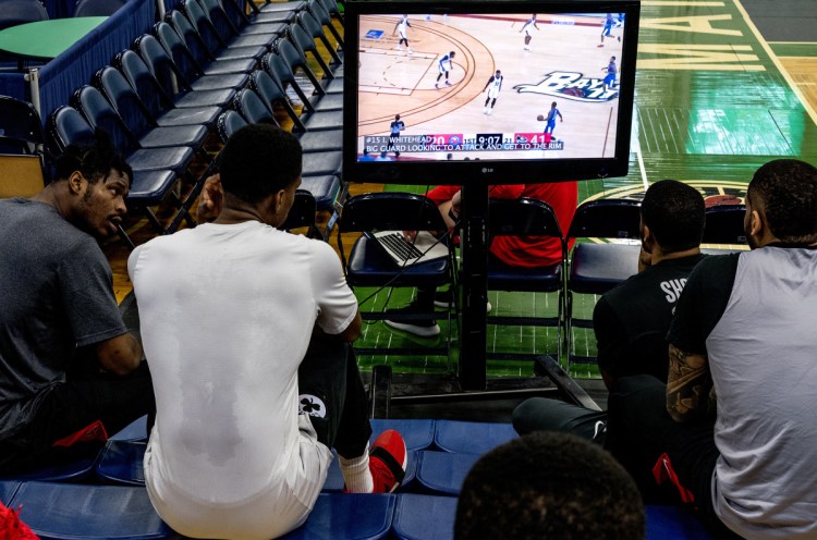 For pro basketball players, watching video has become an important ingredient of improving their games and looking for advantages against opponents. That's why the Maine Red Claws take time at the Portland Expo to prepare for their next game.