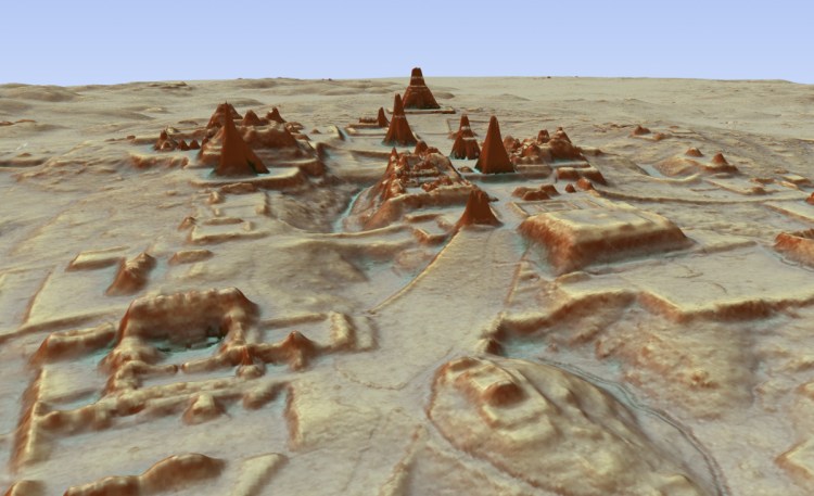 Digital 3D image provided by Guatemala's Mayan Heritage and Nature Foundation shows a depiction of the Mayan site at Tikal in Guatemala created using aerial mapping technology.