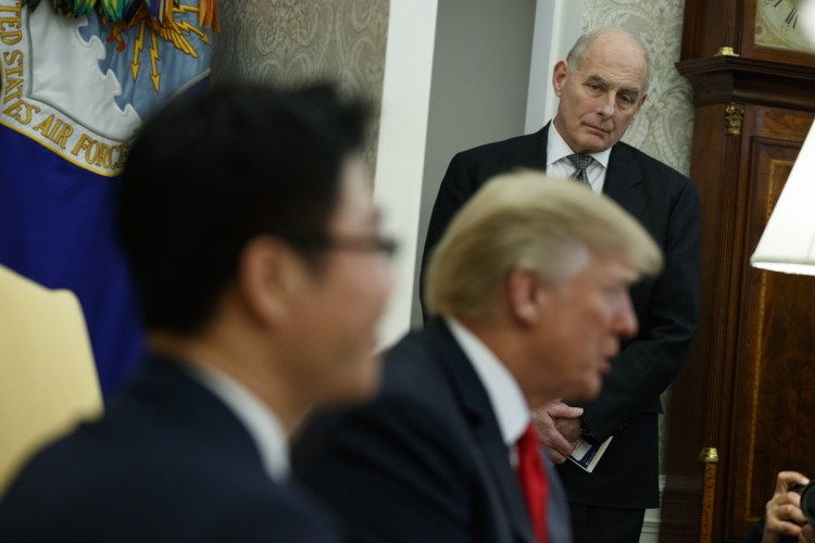 White House Chief of Staff John Kelly listens during a meeting between President Donald Trump and North Korean defectors at the White House in Washington on Feb. 2, 2018. Associated Press/Evan Vucci