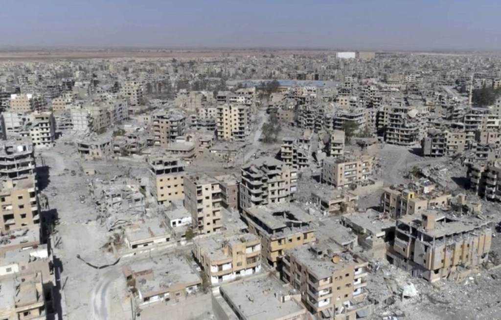 Drone video image from October shows damaged buildings in Raqqa, Syria, two days after military operations to oust the Islamic State ended.