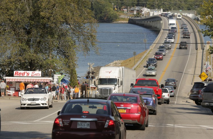 Traffic backs up on Route 1 in Wiscasset on a Monday in July 2017. The state has been trying to solve the notorious traffic problem for more than half a century.